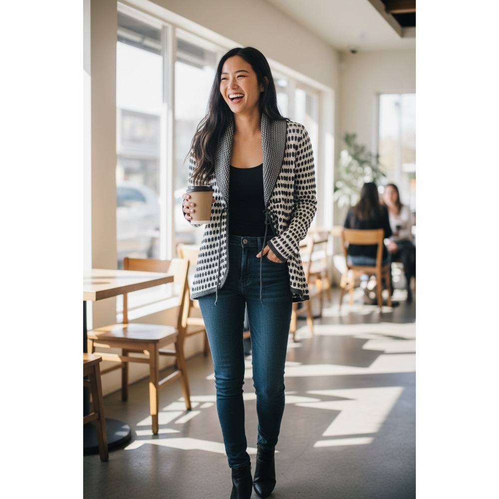 Calvin Klein Jeans Black White Geometric Knit Tie Front‎ Cardigan Sweater Medium